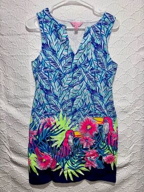 Lilly Pulitzer Blue Tropical Toucan Shift Dress with Neon Florals